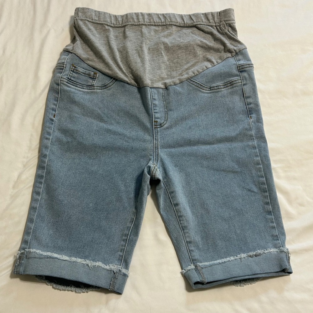 Maternity Bermuda Denim Shorts Light Wash Over‎ Belly Grey Panel Size M Shein